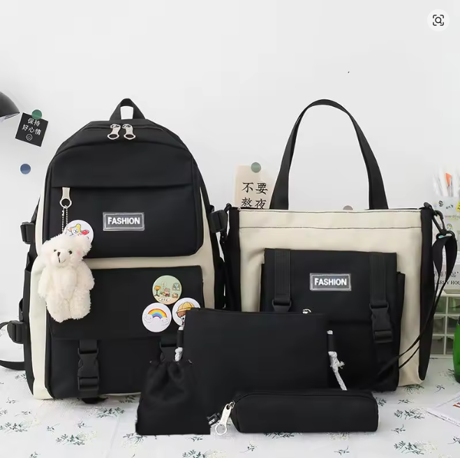 Set Estudiantil Aesthetic 5 en 1: Mochila de Gran Capacidad + Tote Bag & Accesorios (Incluye Osito y Pines)