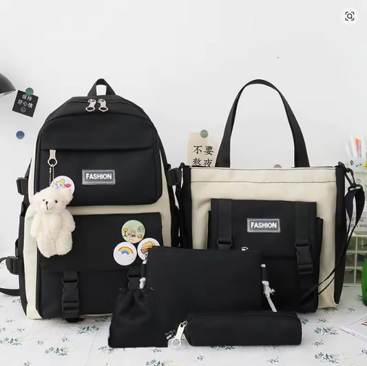 Set Estudiantil Aesthetic 5 en 1: Mochila de Gran Capacidad + Tote Bag & Accesorios (Incluye Osito y Pines)